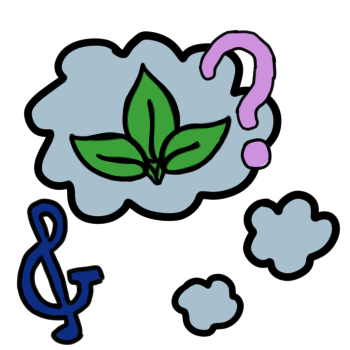 A thought bubble with the endogenic three-leaf symbol. It has a big lavender question mark on the edge of the thought bubble. Next to the thought bubble is a blue treblesand.